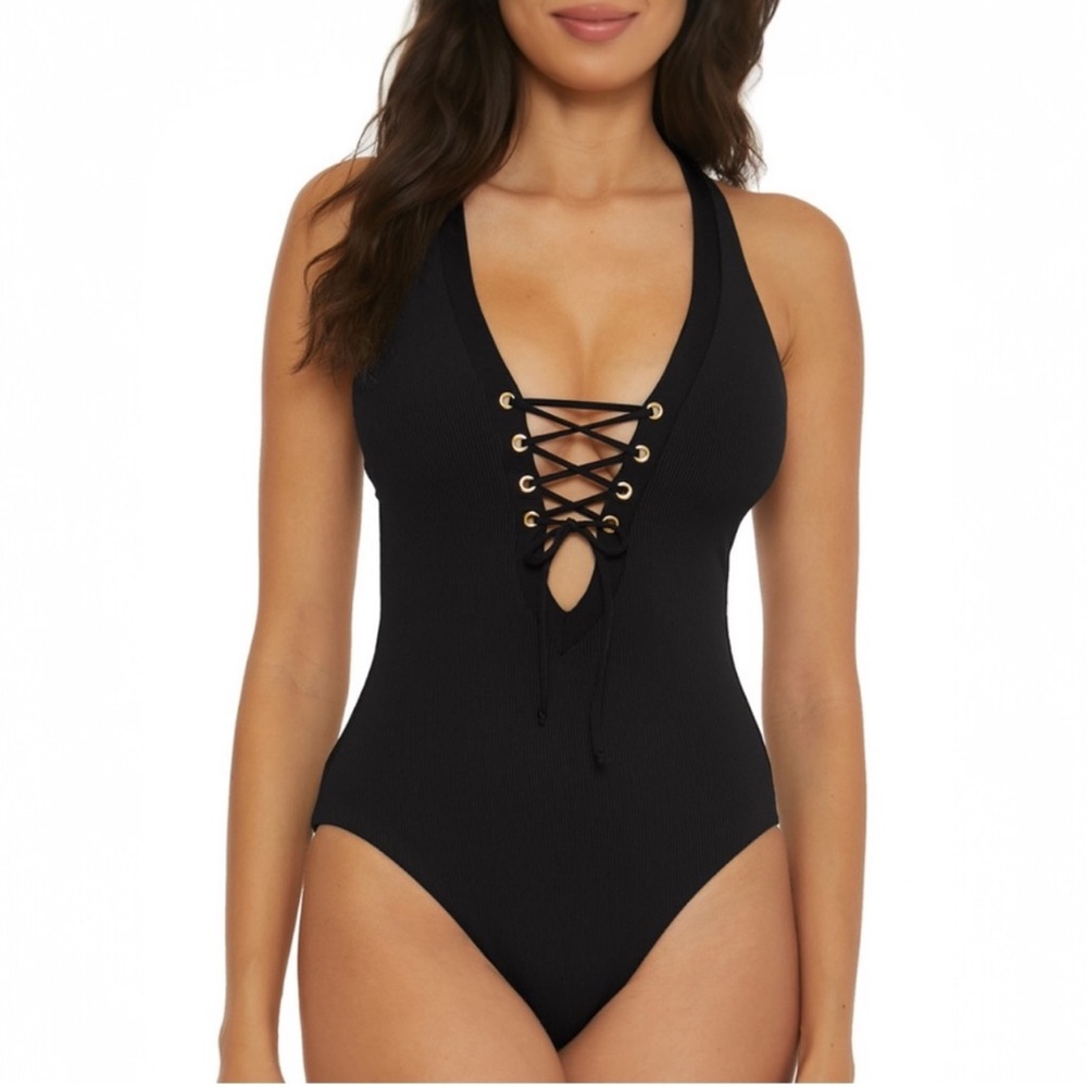 Becca by Rebecca Virtue Gia One Piece Swimsuit Black Ribbed Lace Up Size M NWT